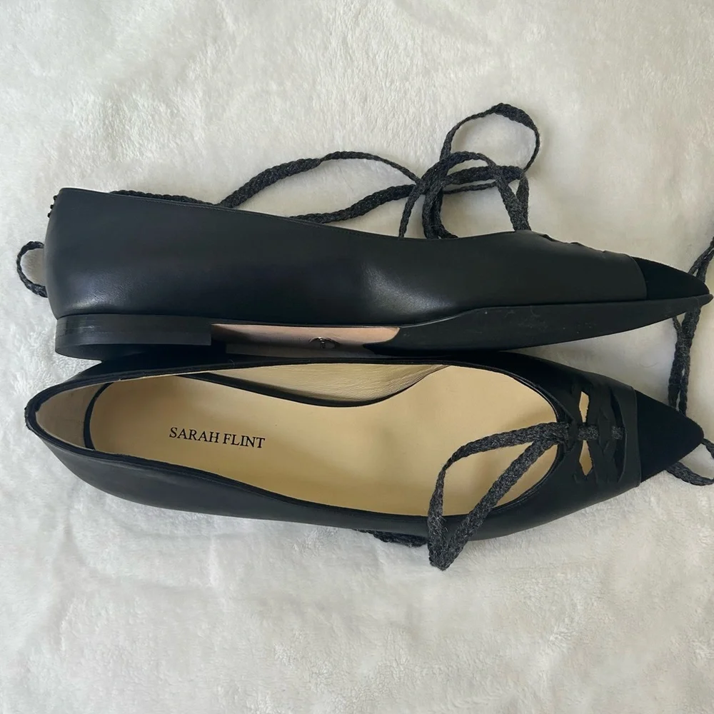 Sarah Flint Black Pointed-Toe Lace-Up Flats - Picture 4 of 9